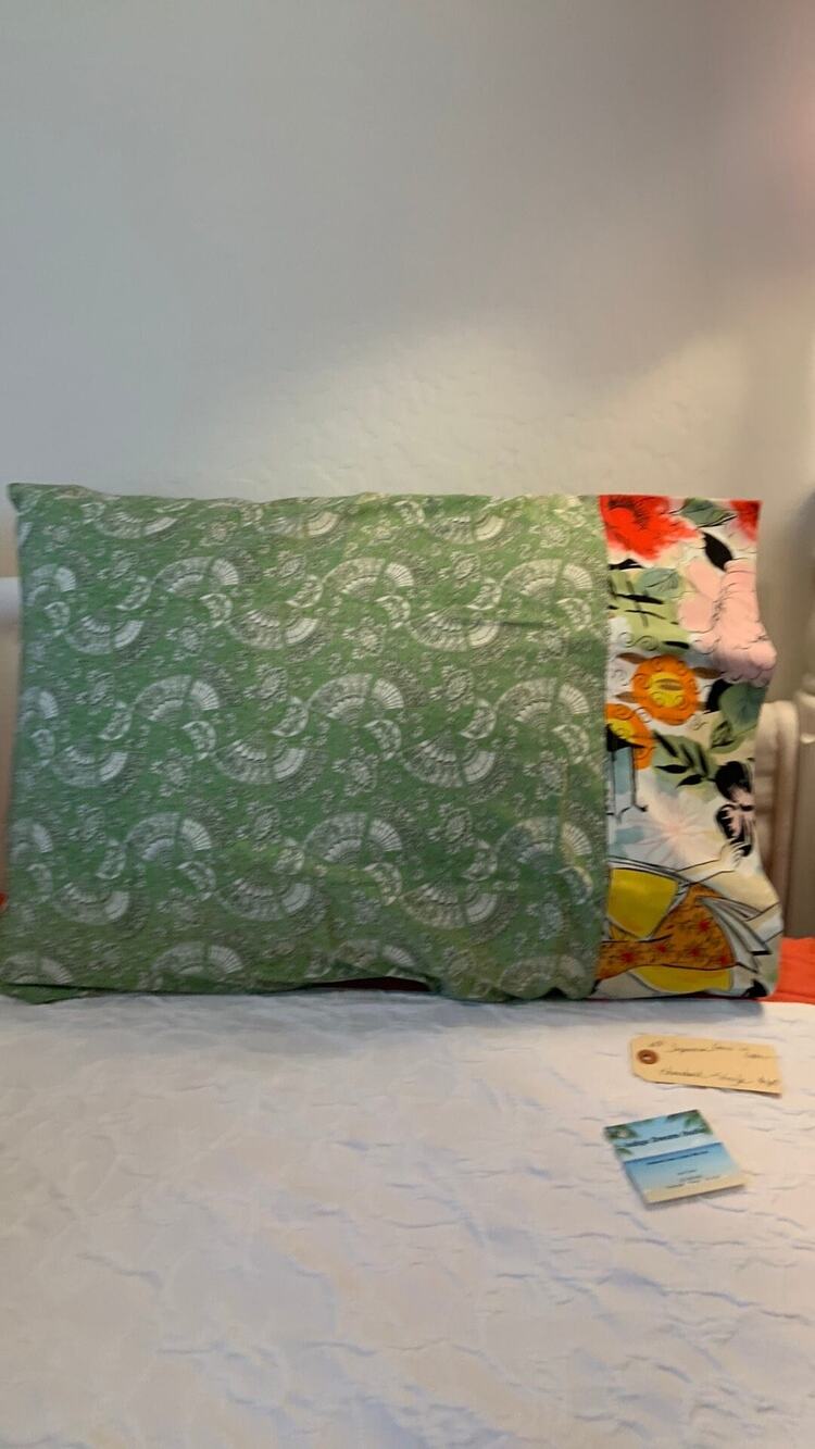 Handmade Standard Pillowcase, Green Japanese Fans & Floral Print